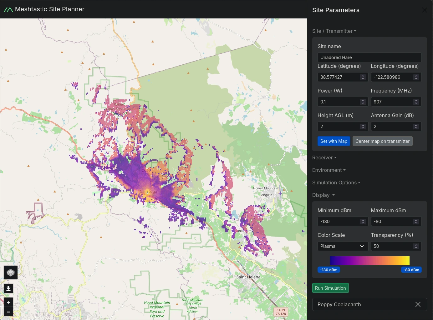 A view of the Meshtastic Site Planner site showing a coverage\nmap