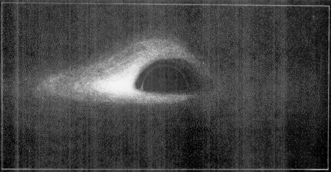 J-P Luminet’s famous simulated image of a black hole from his 1977\npaper.